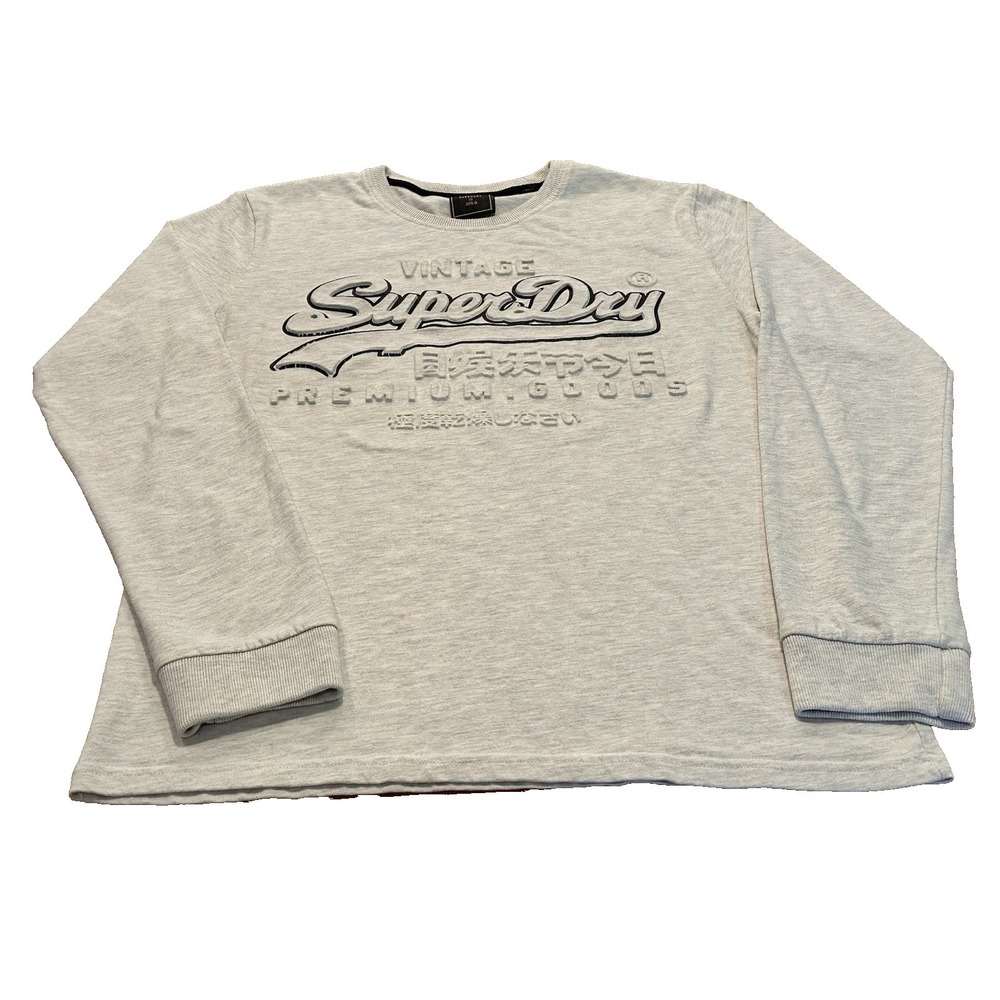 Superdry‎ Long Sleeve Shirt Embossed Text Logo Queen Marled Ivory Mens Size L
